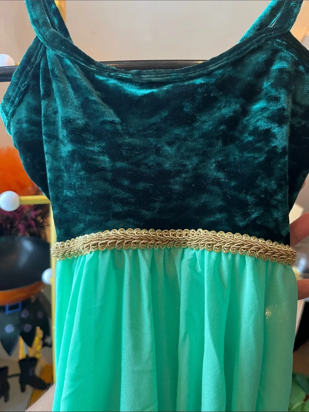Girls Green Velvet & Chiffon Party Dress with Gold Trim